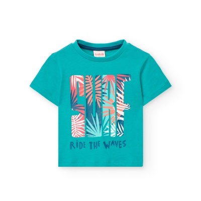 T-shirt infantil turquesa com estampa colorida e texto