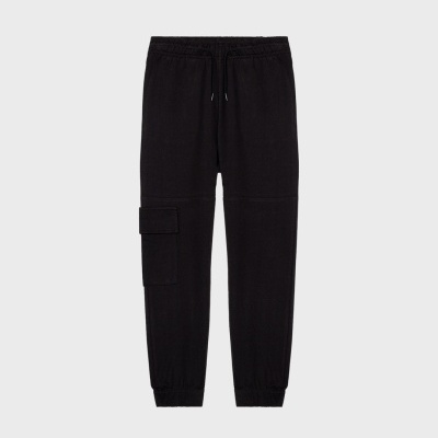 Calças cargo pretas com bolso lateral e cós elástico