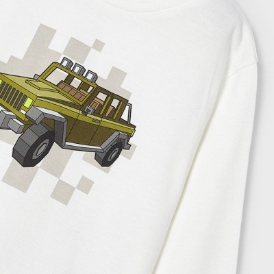 Camisola branca de criança com estampa de jipe pixelado verde