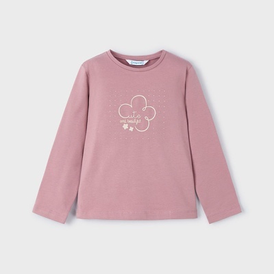 Camisola rosa de manga comprida com estampa de flor e texto branco