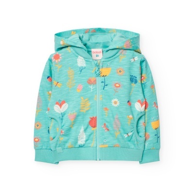 Casaco azul turquesa com flores coloridas e capuz para criança