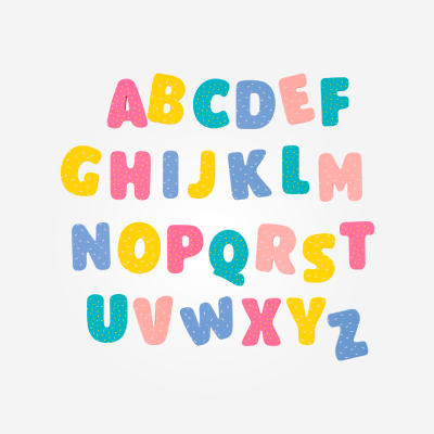 Letras coloridas do alfabeto com textura de pontos em fundo branco