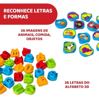 Peças de letras 3D coloridas e imagens de animais, comida e objetos em peças azuis