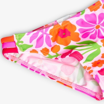 Parte inferior de bikini com padrão floral colorido e alças triplas laterais