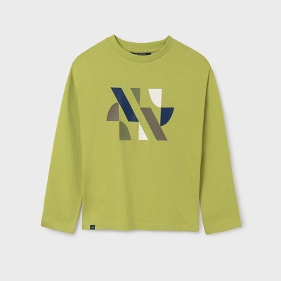 Camisola de manga comprida verde com padrão geométrico colorido no centro