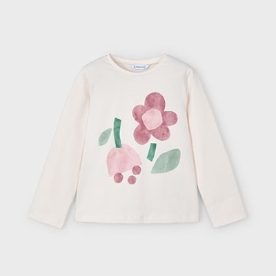 T-shirt infantil branca com estampa de flores cor de rosa e folhas verdes