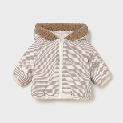 Casaco de bebé com riscas e capuz felpudo castanho
