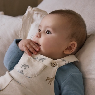 Bebé de pele clara com roupa azul e bege deitada num travesseiro branco