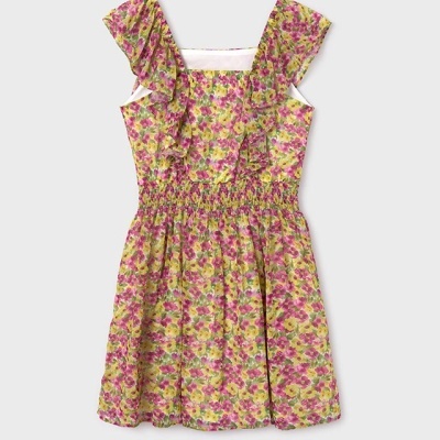 Vestido infantil floral amarelo e rosa com folhos e cintura elástica