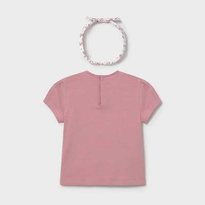 T-shirt rosa de manga curta com fita de cabelo floral branca