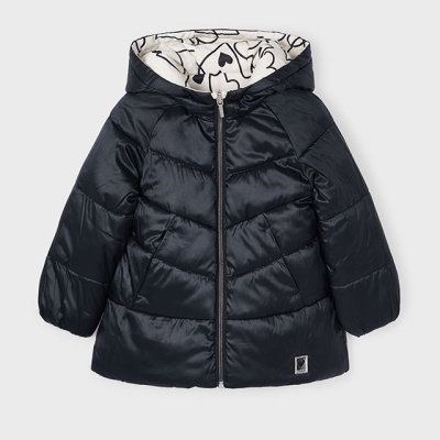 Casaco infantil acolchoado preto com capuz forrado estampado