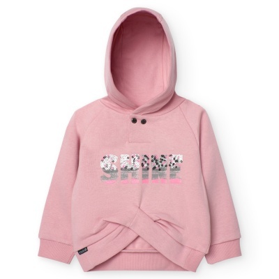 Sweatshirt com capuz cor-de-rosa para criança com estampa SHINE e botões pretos.