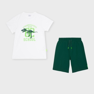 Conjunto infantil de t-shirt branca com estampa de dinossauro verde e calções verdes escuros.