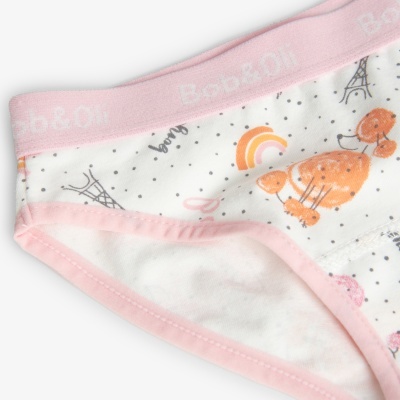 Cueca branca com cós rosa e estampas de cachorro e Torre Eiffel