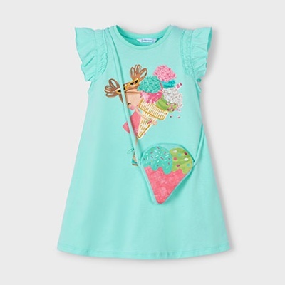 Vestido infantil azul turquesa com estampa de rena e gelados, com pequeno saco em forma de gelado