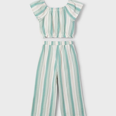Conjunto infantil riscas verde e branco composto por top e calças largas