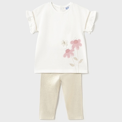 Conjunto infantil branco com t-shirt de manga curta e calças douradas