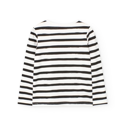 Camisola branca com riscas pretas horizontais e mangas compridas vista de trás