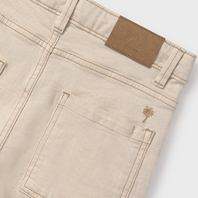 Calças bege com bolso traseiro, etiqueta BOYTON e bordado de palmeira