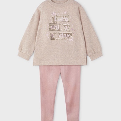 Conjunto infantil com camisola bege e leggins cor-de-rosa