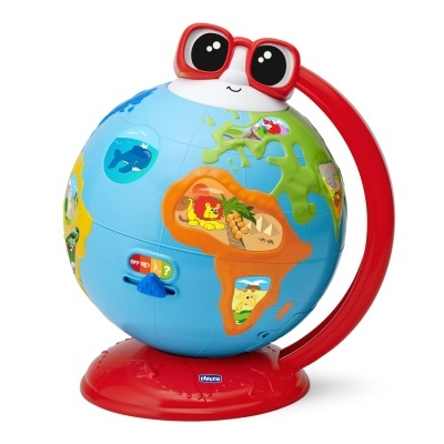 Globo terrestre infantil colorido com suporte vermelho e óculos no topo