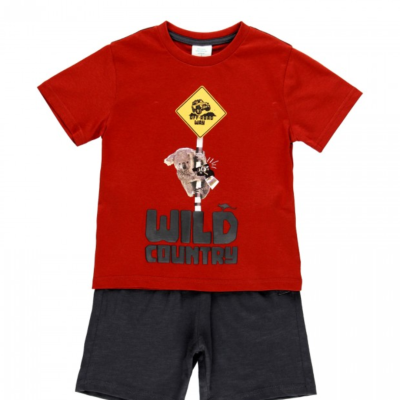 Conjunto infantil t-shirt vermelha com estampado e calções pretos