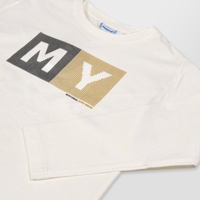 Camisola branca manga comprida com estampado MY em preto e dourado