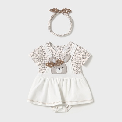 Body para bebé menina com vestido e arco castanho com padrão de bolinhas