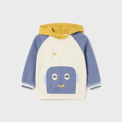 Sweatshirt infantil com cabeça de robô azul e capuz amarelo