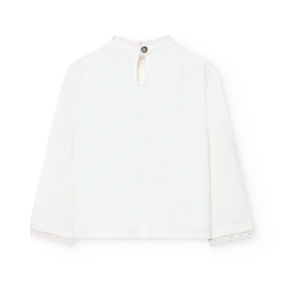 Camisola branca de manga comprida para criança com gola alta e renda