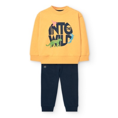 Conjunto infantil amarelo e azul com dinosaurios e texto