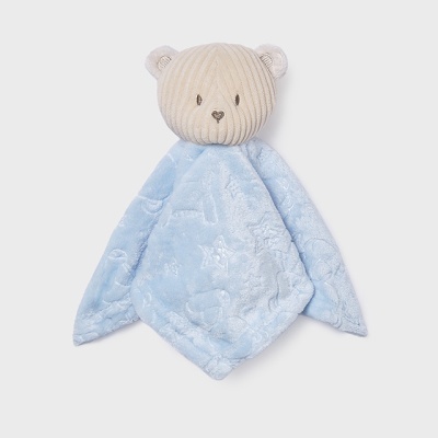 Chupeta de peluche azul com cabeça de urso bege