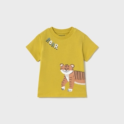 T-shirt infantil amarela com estampa de tigre e texto ROAR