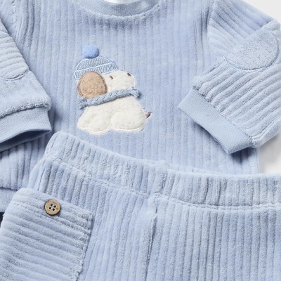 Conjunto de roupa de bebé azul claro com cão bordado e botões de madeira