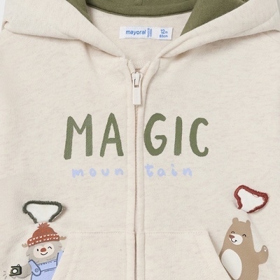 Camisola bege com capuz, fecho de correr e desenhos de ursos e texto