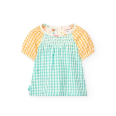 Blusa infantil xadrez amarelo e azul com mangas curtas