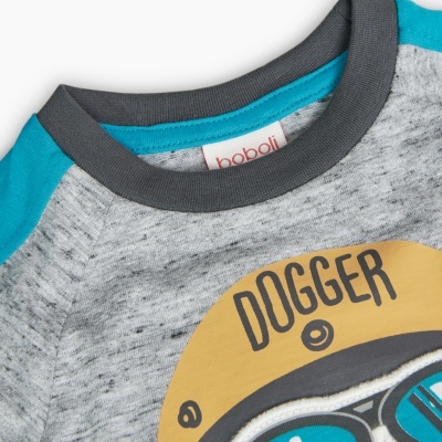 Camisola cinza mesclado com gola azul turquesa e estampa DOGGER