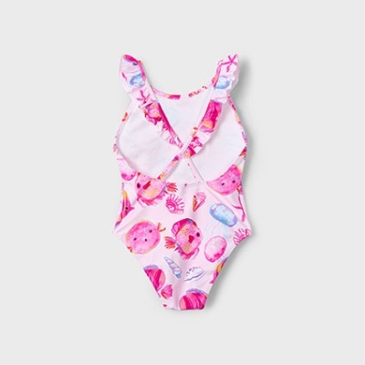 Fato de banho infantil rosa com padrão de conchas e estrelas-do-mar.