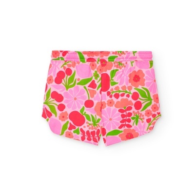 Calções curtos para criança com padrão floral colorido em rosa, vermelho, laranja e verde