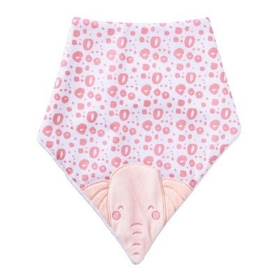 Babete triangular branco com padrão rosa e elefante bordado