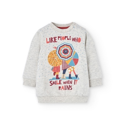 Sweatshirt cinzenta para criança com estampa colorida e texto em inglês