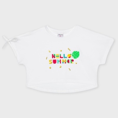 T-shirt branca curta com estampado colorido HELLO SUMMER e folha verde