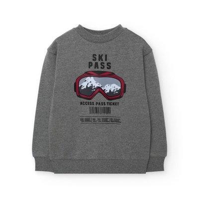 Sweatshirt cinzenta com estampa de máscara de ski vermelha e texto preto