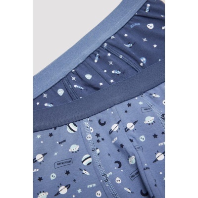 Cuecas azuis com padrões de planetas e aliens