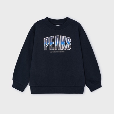 Sweatshirt preta com letras PEAKS e frase EXPLORE THE UNKNOWN