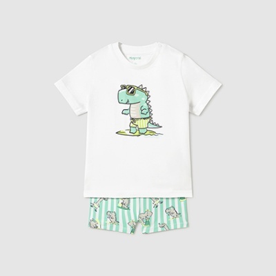 Pijama infantil com t-shirt branca estampada de dinossauro e calções verdes às riscas