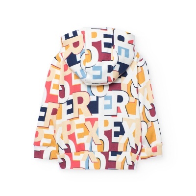 Casaco com capuz para criança com padrão colorido de letras sobrepostas