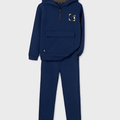 Conjunto de roupa desportiva azul escuro com camisola de capuz e calças compridas