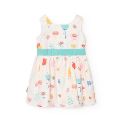 Vestido infantil branco com flores coloridas e faixa azul turquesa