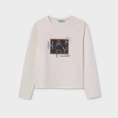 Camisola branca de manga comprida com estampa quadrada castanha e preta com texto HAPDY e handwritten.